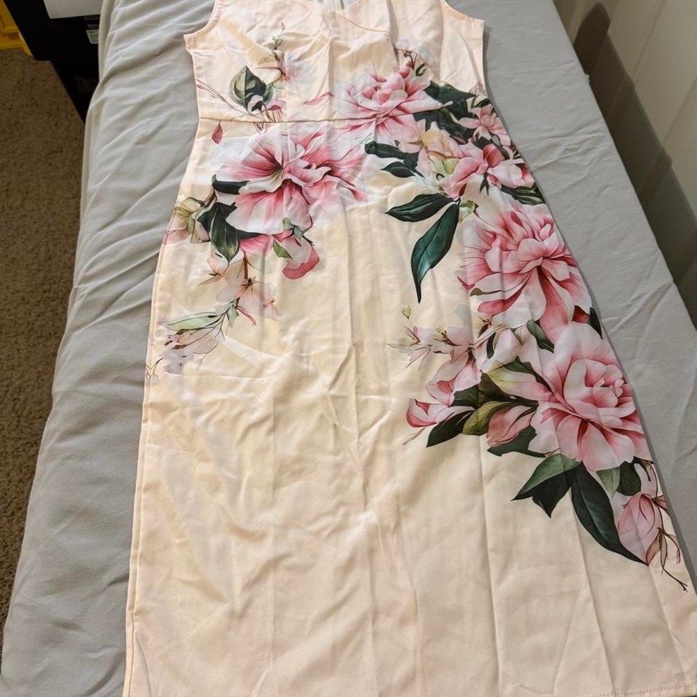 Unbranded Pink Lotus Floral Polyester Midi Dress Sleeveless Pink Green Small